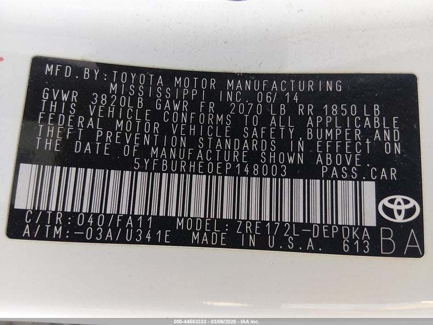 2014 Toyota Corolla VIN 5YFBURHE0EP148003 IAAI salvage auction — FRONT END, Salvage (Nevada), sold $1,350 on 2026-07-17 (photo 9)