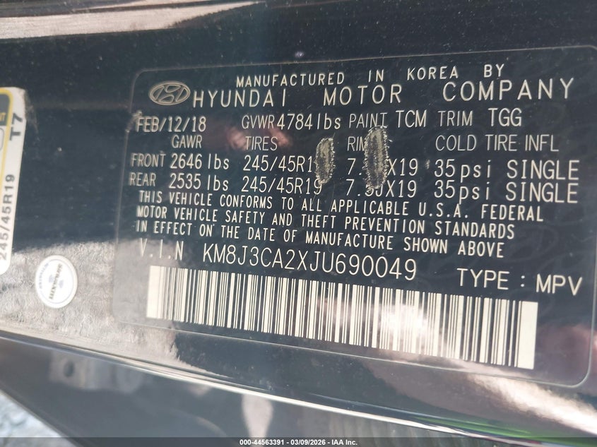 2018 Hyundai Tucson VIN KM8J3CA2XJU690049 IAAI salvage auction — SIDE, Salvage (North Carolina), sold $3,700 on 2026-07-31 (photo 9)