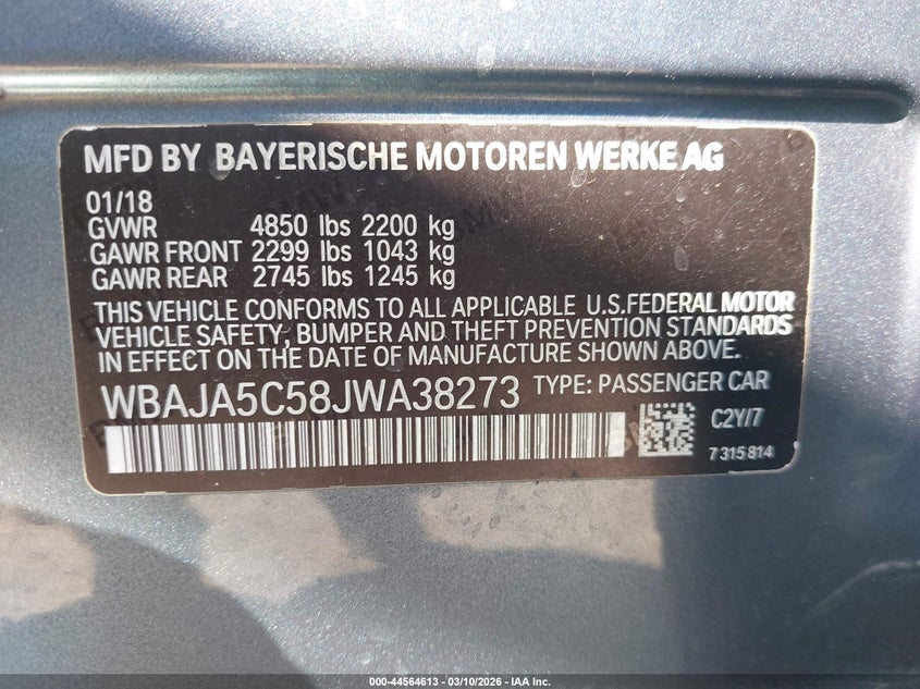 2018 BMW 5er VIN WBAJA5C58JWA38273 IAAI salvage auction — SIDE, Salvage - 75% Or Less (Maryland), sold $7,650 on 2026-07-29 (photo 9)