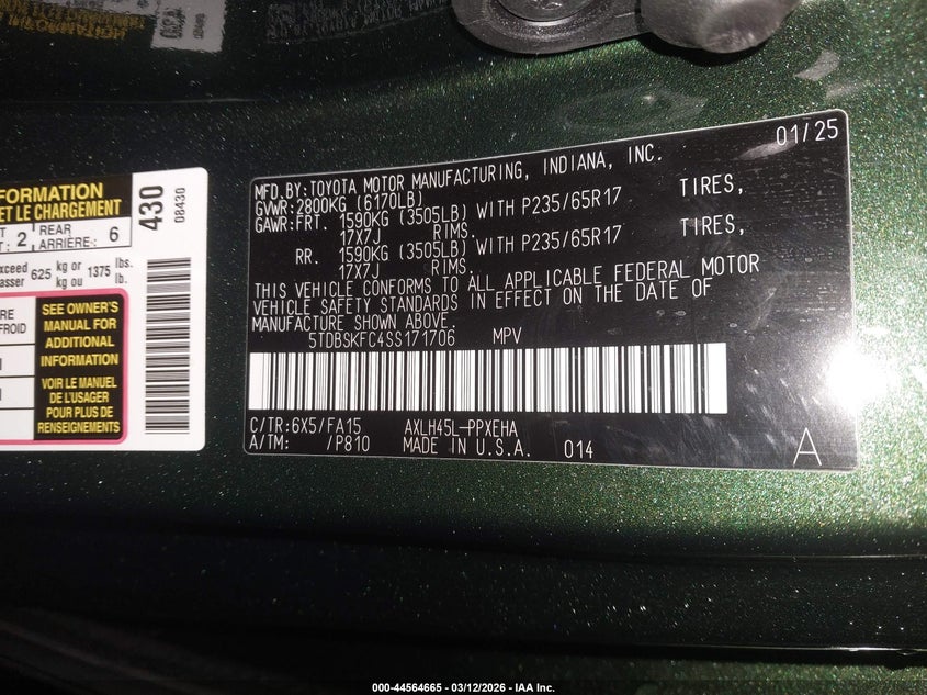 2025 Toyota Sienna VIN 5TDBSKFC4SS171706 IAAI salvage auction — FRONT END, Salvage Title, sold $11,100 on 2026-07-20 (photo 9)