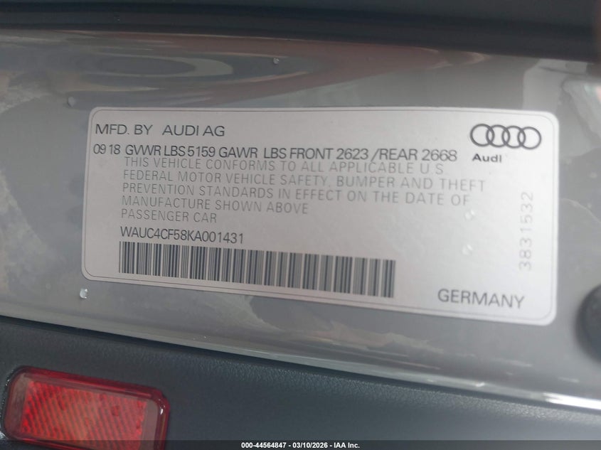 2019 Audi S5 VIN WAUC4CF58KA001431 IAAI salvage auction — RIGHT FRONT, Salvage Title, sold $7,800 on 2026-08-11 (photo 9)