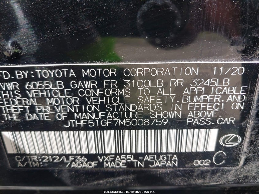 2021 Lexus Ls VIN JTHF51GF7M5008759 IAAI salvage auction — FRONT END, Salvage Title, sold $20,300 on 2026-07-09 (photo 9)