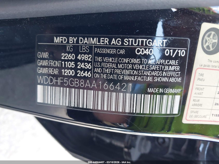 2010 Mercedes-benz E-klasse VIN WDDHF5GB8AA166421 IAAI salvage auction — RIGHT FRONT, Salvage (California), sold $1,150 on 2026-07-06 (photo 9)