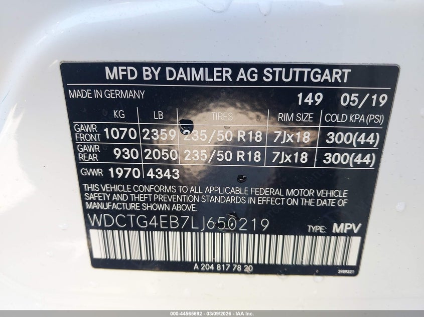 2020 Mercedes-benz Gla-klasse VIN WDCTG4EB7LJ650219 IAAI salvage auction — RIGHT SIDE, Salvage Title, sold $1,900 on 2026-07-15 (photo 9)