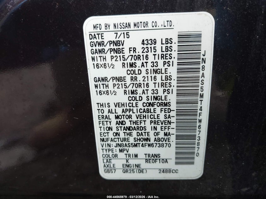2015 Nissan Rogue VIN JN8AS5MT4FW673870 IAAI salvage auction — LEFT FRONT, Salvage Title, sold $425 on 2026-07-28 (photo 9)