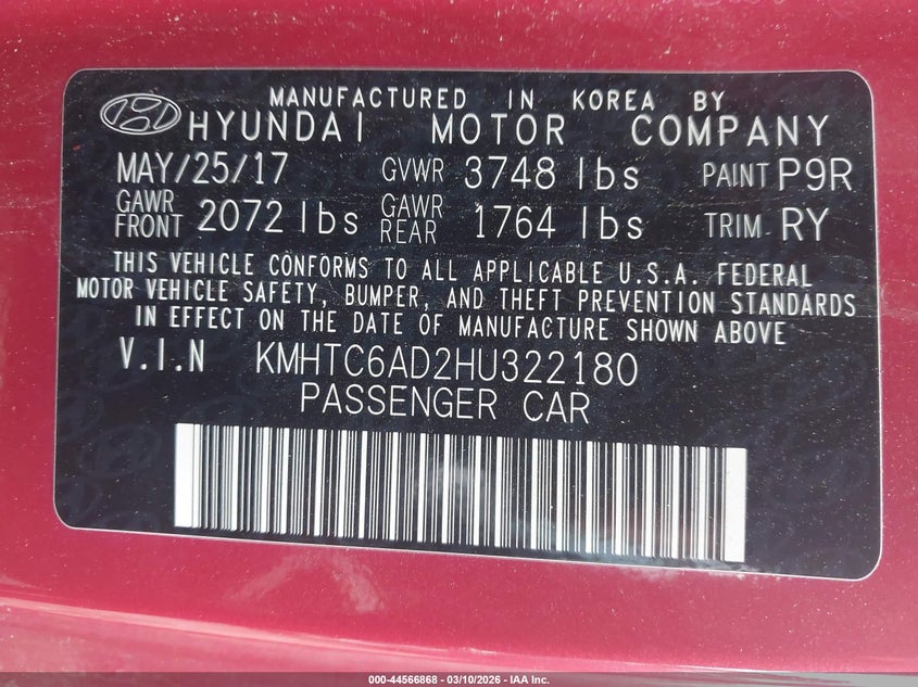 2017 Hyundai Veloster VIN KMHTC6AD2HU322180 IAAI salvage auction — REAR END, Clear (Oklahoma), sold $1,400 on 2026-07-09 (photo 9)