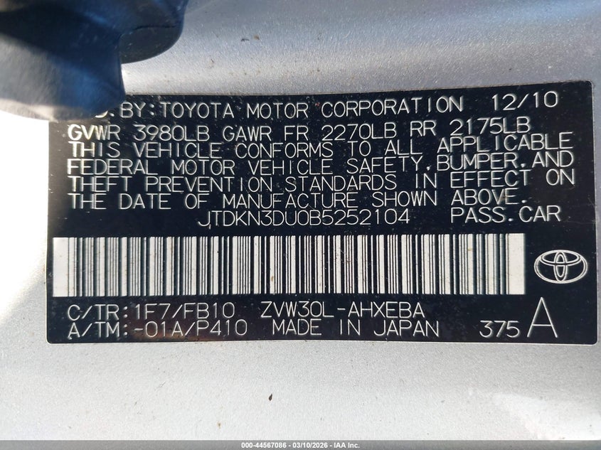 2011 Toyota Prius VIN JTDKN3DU0B5252104 IAAI salvage auction — RIGHT SIDE, Bill Of Sale (Washington), sold $725 on 2026-07-22 (photo 9)