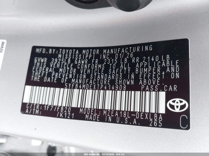 2026 Toyota Corolla VIN 5YFB4MDEXTP414908 IAAI salvage auction — RIGHT REAR, Clear (Alabama), sold $7,075 on 2026-07-29 (photo 9)