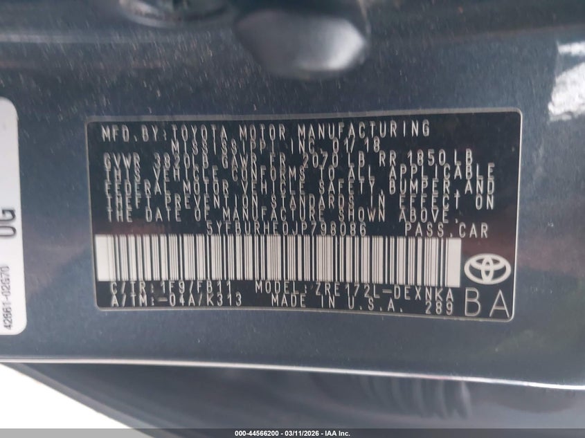 2018 Toyota Corolla VIN 5YFBURHE0JP798086 IAAI salvage auction — RIGHT SIDE, Salvage (Pennsylvania), sold $2,200 on 2026-07-15 (photo 9)