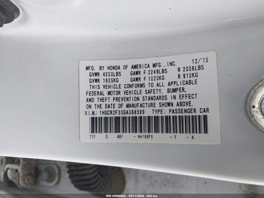 2016 Honda Accord VIN 1HGCR2F30GA088599 IAAI salvage auction — FRONT END, Salvage (Illinois), sold $2,100 on 2026-07-17 (photo 9)