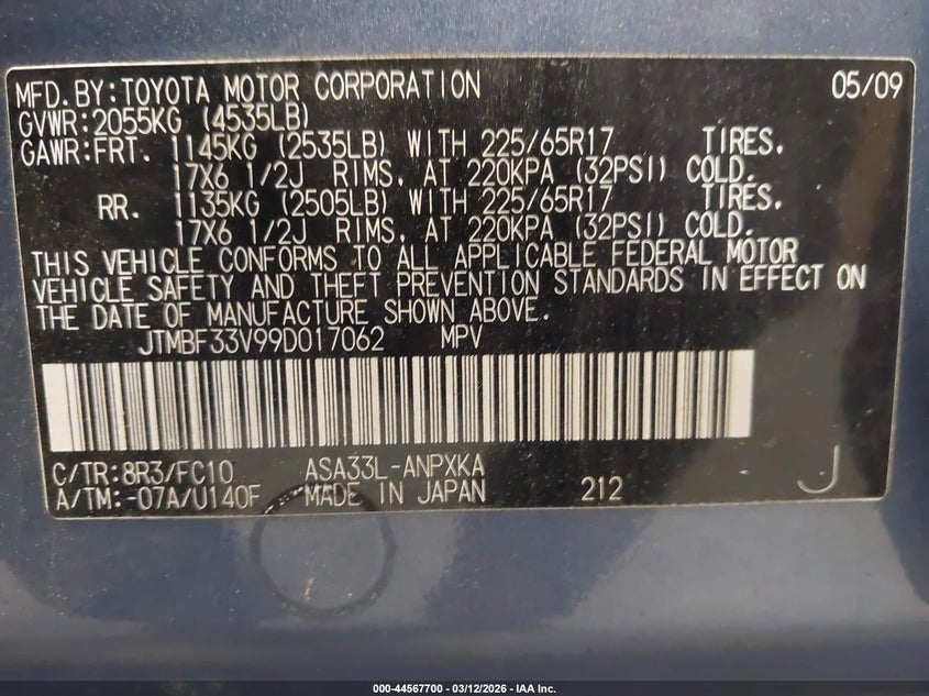2009 Toyota Rav 4 VIN JTMBF33V99D017062 IAAI salvage auction — NORMAL WEAR, Clear (Montana), sold $2,300 on 2026-07-27 (photo 9)