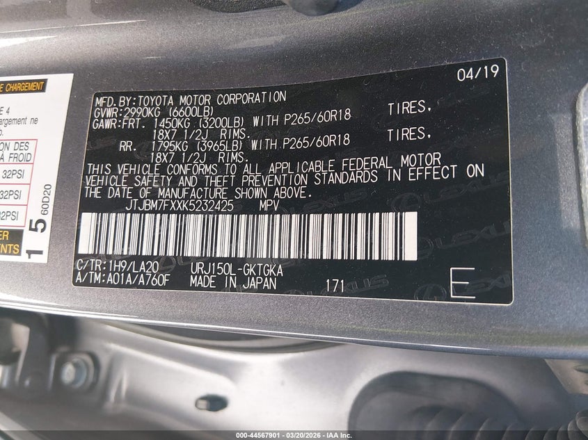 2019 Lexus Gx VIN JTJBM7FXXK5232425 IAAI salvage auction — ALL OVER, Salvage (Missouri), sold $11,100 on 2026-07-28 (photo 9)