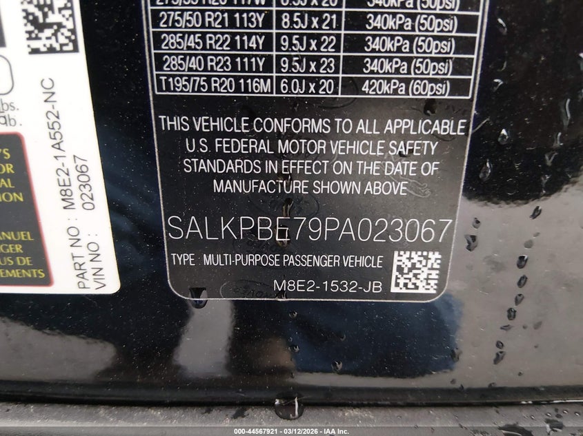 2023 Land rover RANGE ROVER VIN SALKPBE79PA023067 IAAI salvage auction — ROLLOVER, Salvage Title, sold $23,500 on 2026-07-09 (photo 9)