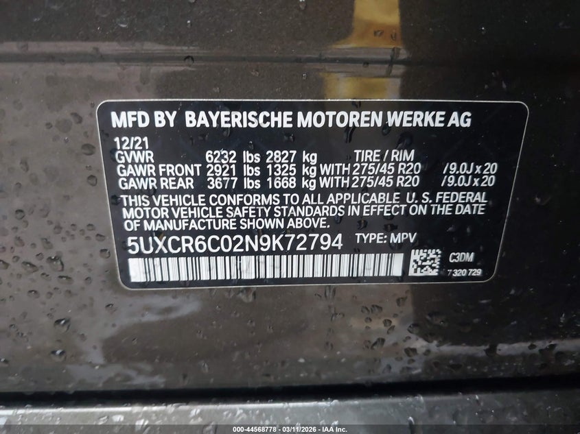 2022 BMW X5 VIN 5UXCR6C02N9K72794 IAAI salvage auction — FRONT END, Original (Texas), sold $23,050 on 2026-07-09 (photo 9)