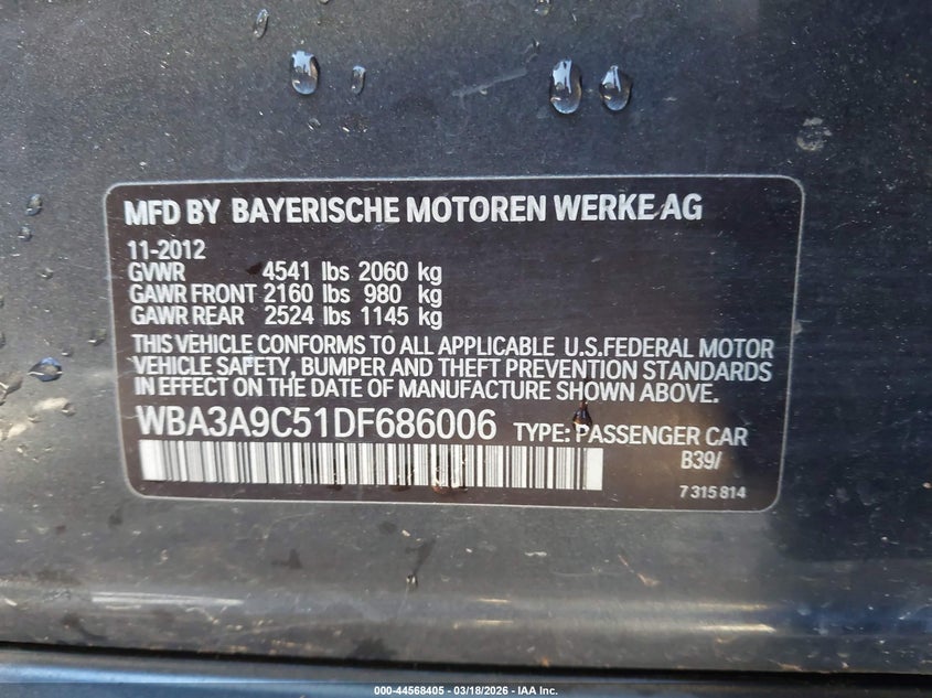 2013 BMW 3er VIN WBA3A9C51DF686006 IAAI salvage auction — SIDE, Salvage Title, sold $1,200 on 2026-07-31 (photo 9)
