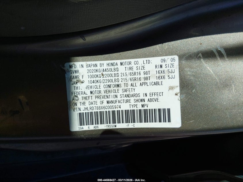 2006 Honda Cr-v VIN JHLRD788X6C005974 IAAI salvage auction — FRONT & REAR, Restored (Arizona), sold $225 on 2026-07-24 (photo 9)