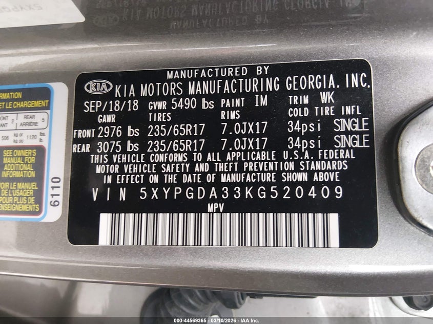 2019 Kia Sorento VIN 5XYPGDA33KG520409 IAAI salvage auction — FRONT END, Salvage (Kentucky), sold $1,750 on 2026-07-13 (photo 9)
