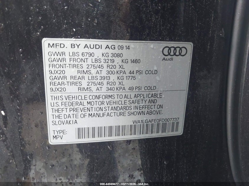 2015 Audi Q7 VIN WA1LGAFE0FD007737 IAAI salvage auction — FRONT END, Salvage Title, sold $350 on 2026-07-22 (photo 9)