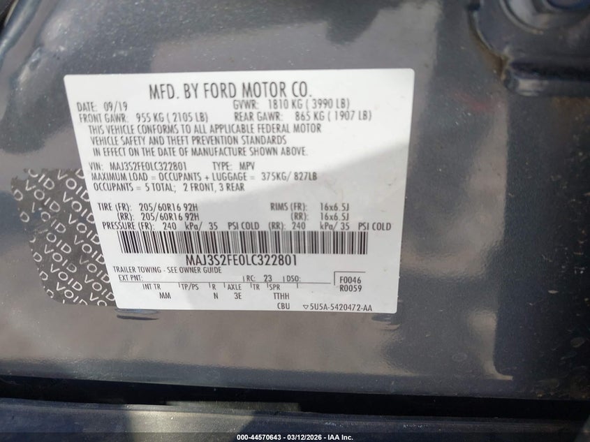 2020 Ford Ecosport VIN MAJ3S2FE0LC322801 IAAI salvage auction — LEFT SIDE, Salvage (Mississippi), sold $1,300 on 2026-07-17 (photo 9)
