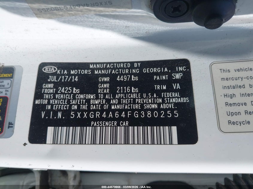 2015 Kia Optima VIN 5XXGR4A64FG380255 IAAI salvage auction — FRONT END, Salvage (Missouri), sold $400 on 2026-07-14 (photo 9)