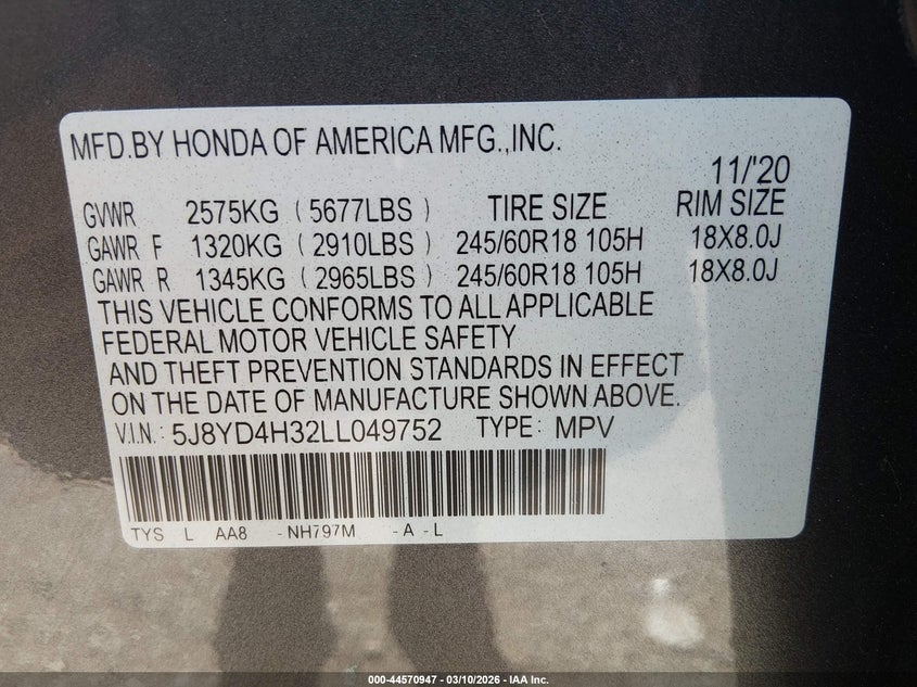 2020 Acura Mdx VIN 5J8YD4H32LL049752 IAAI salvage auction — ROLLOVER, Salvage (Colorado), sold $225 on 2026-07-28 (photo 9)