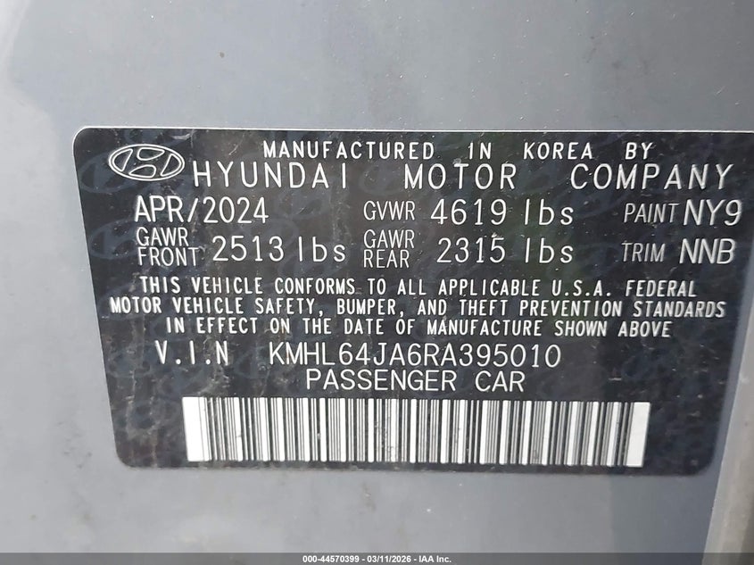 2024 Hyundai Sonata VIN KMHL64JA6RA395010 IAAI salvage auction — ROLLOVER, Salvage Title, sold $925 on 2026-07-08 (photo 9)