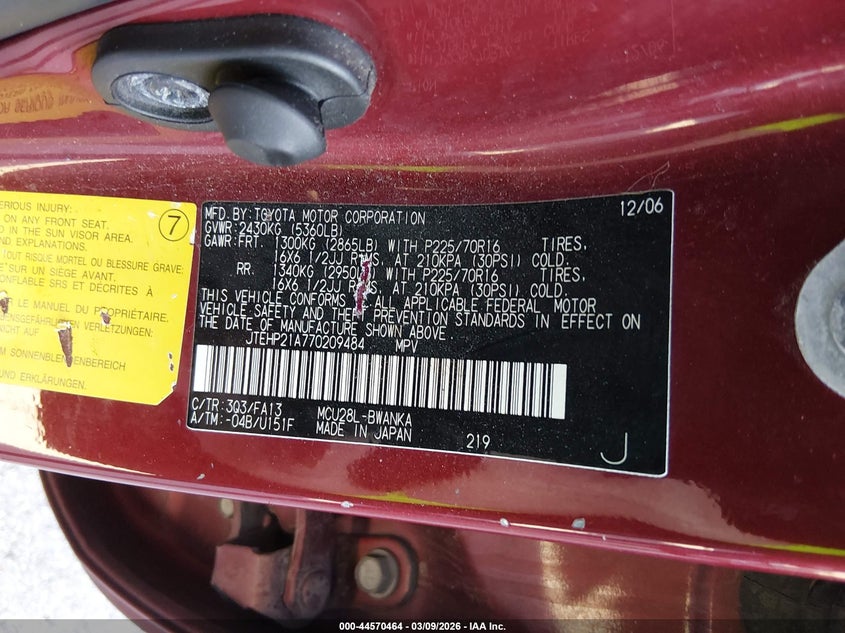 2007 Toyota Highlander VIN JTEHP21A770209484 IAAI salvage auction — FRONT END, Salvage (Missouri), sold $800 on 2026-07-09 (photo 9)