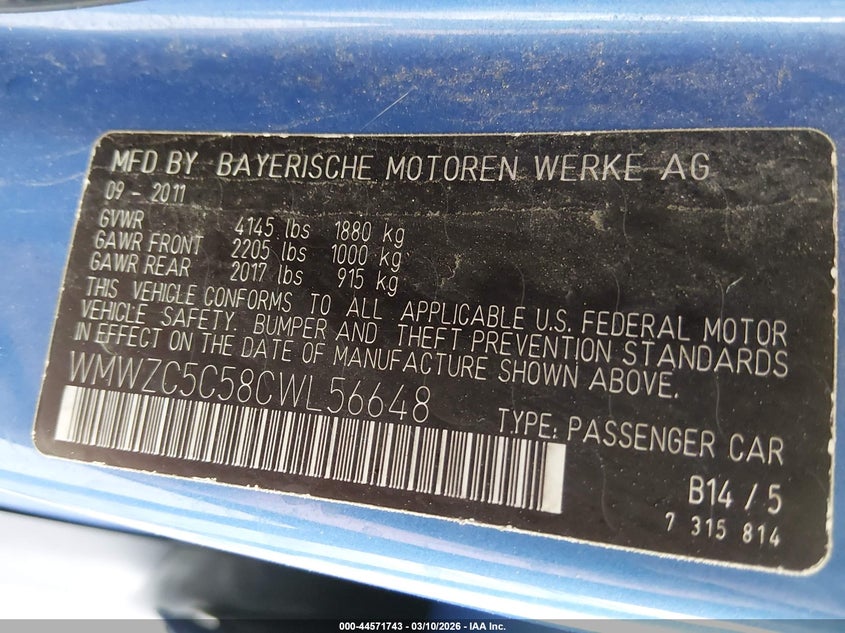 2012 Mini VIN WMWZC5C58CWL56648 IAAI salvage auction — NORMAL WEAR, Salvage Title, sold $350 on 2026-07-29 (photo 9)