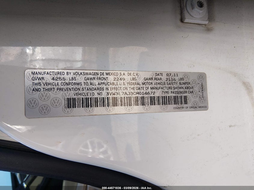 2012 Volkswagen Jetta VIN 3VW3L7AJ3CM014672 IAAI salvage auction — FRONT END, Clear (Oklahoma), sold $750 on 2026-07-09 (photo 9)