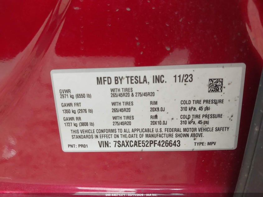 2023 Tesla Model x VIN 7SAXCAE52PF426643 IAAI salvage auction — RIGHT REAR, Salvage Title, sold $22,400 on 2026-08-20 (photo 9)