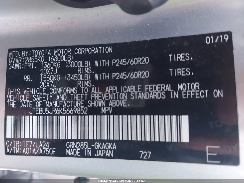 2019 Toyota 4runner VIN JTEBU5JR6K5669852 IAAI salvage auction — ROLLOVER, Salvage Title, sold $5,500 on 2026-07-21 (photo 9)