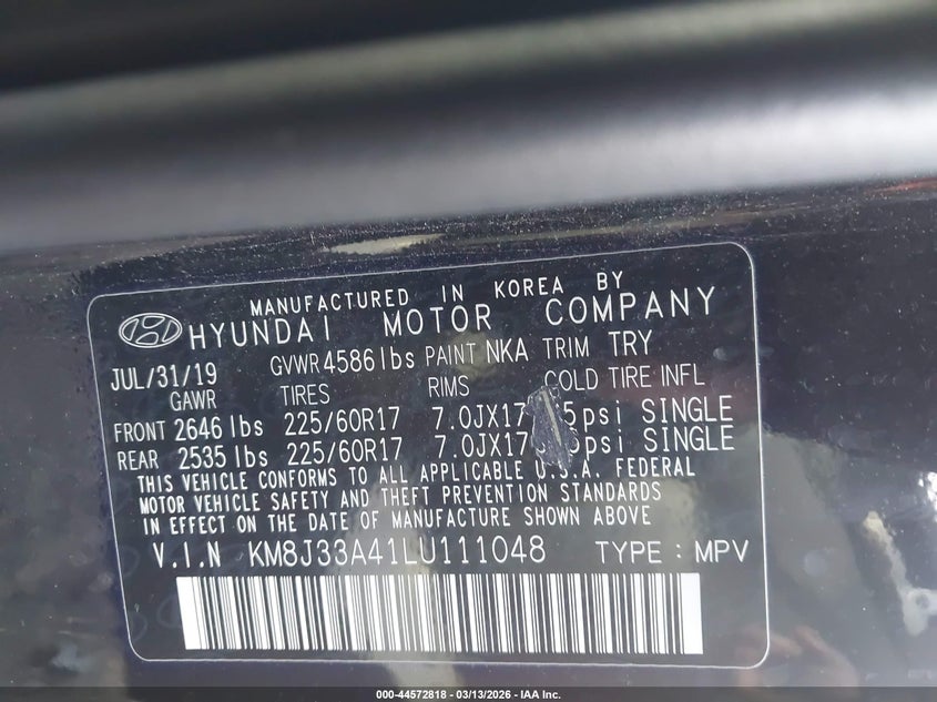 2020 Hyundai Tucson VIN KM8J33A41LU111048 IAAI salvage auction — FRONT END, Junk (Oklahoma), sold $2,000 on 2026-07-28 (photo 9)