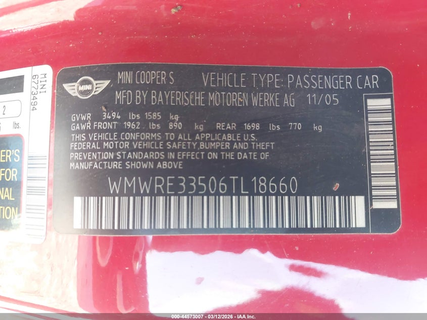 2006 Mini Cooper VIN WMWRE33506TL18660 IAAI salvage auction — REAR END, Salvage (Texas), sold $700 on 2026-07-21 (photo 9)