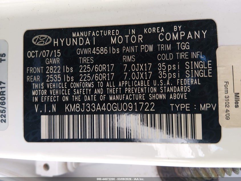2016 Hyundai Tucson VIN KM8J33A40GU091722 IAAI salvage auction — FRONT END, Salvage Title, sold $1,100 on 2026-07-24 (photo 9)