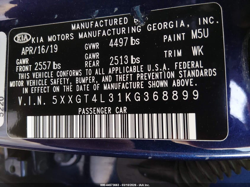 2019 Kia Optima VIN 5XXGT4L31KG368899 IAAI salvage auction — UNKNOWN, Rebuildable (Florida), sold $500 on 2026-07-28 (photo 9)
