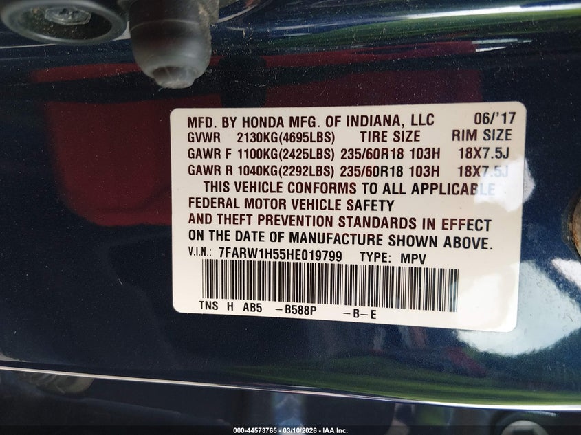 2017 Honda Cr-v VIN 7FARW1H55HE019799 IAAI salvage auction — RIGHT FRONT, Clear (Alabama), sold $2,150 on 2026-07-13 (photo 9)