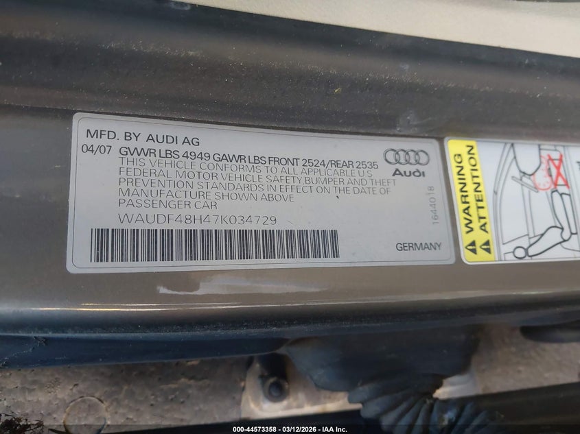 2007 Audi A4 VIN WAUDF48H47K034729 IAAI salvage auction — THEFT, Salvage (California), sold $175 on 2026-07-16 (photo 9)