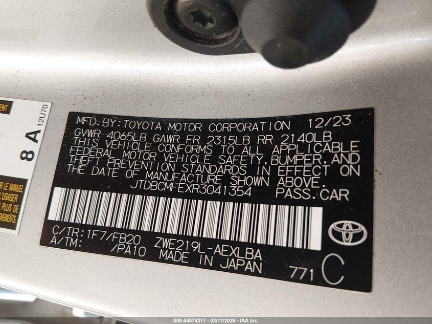 2024 Toyota Corolla VIN JTDBCMFEXR3041354 IAAI salvage auction — LEFT FRONT, Salvage (South Carolina), sold $6,750 on 2026-07-28 (photo 9)
