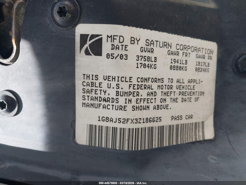 2003 Saturn Ion VIN 1G8AJ52FX3Z186625 IAAI salvage auction — FRONT & REAR, Salvage (Texas), sold $300 on 2026-07-09 (photo 9)