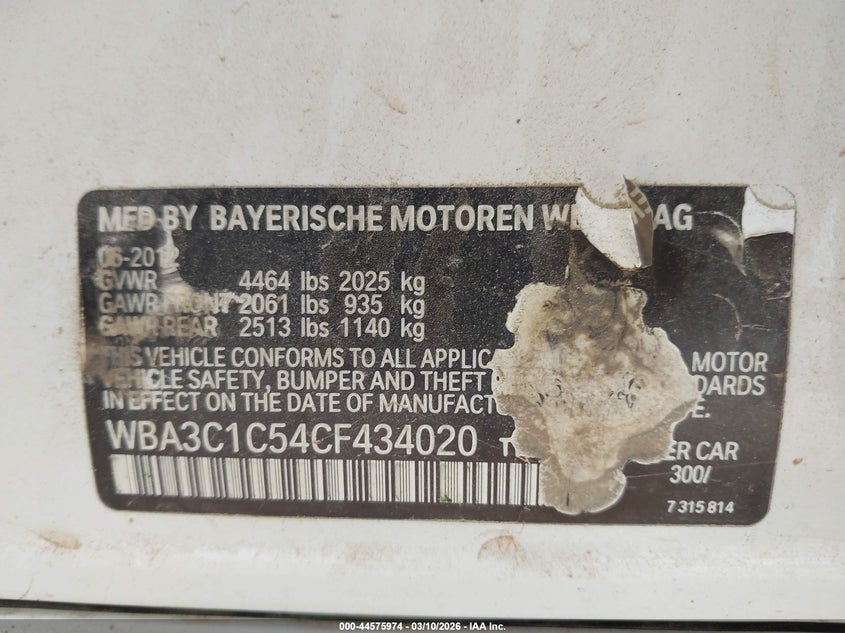 2012 BMW 3er VIN WBA3C1C54CF434020 IAAI salvage auction — NORMAL WEAR, Salvage (Texas), sold $400 on 2026-07-14 (photo 9)