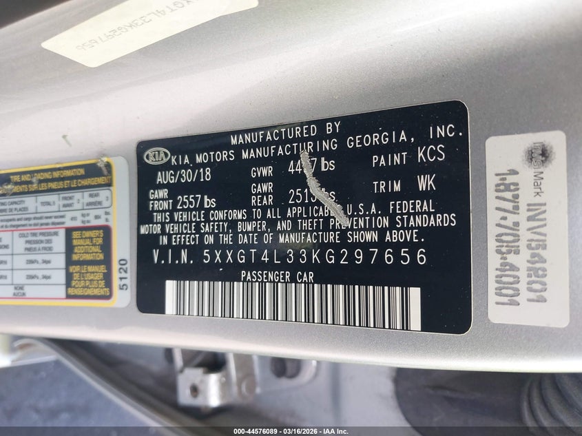2019 Kia Optima VIN 5XXGT4L33KG297656 IAAI salvage auction — REAR END, Salvage Title, sold $2,850 on 2026-07-10 (photo 9)