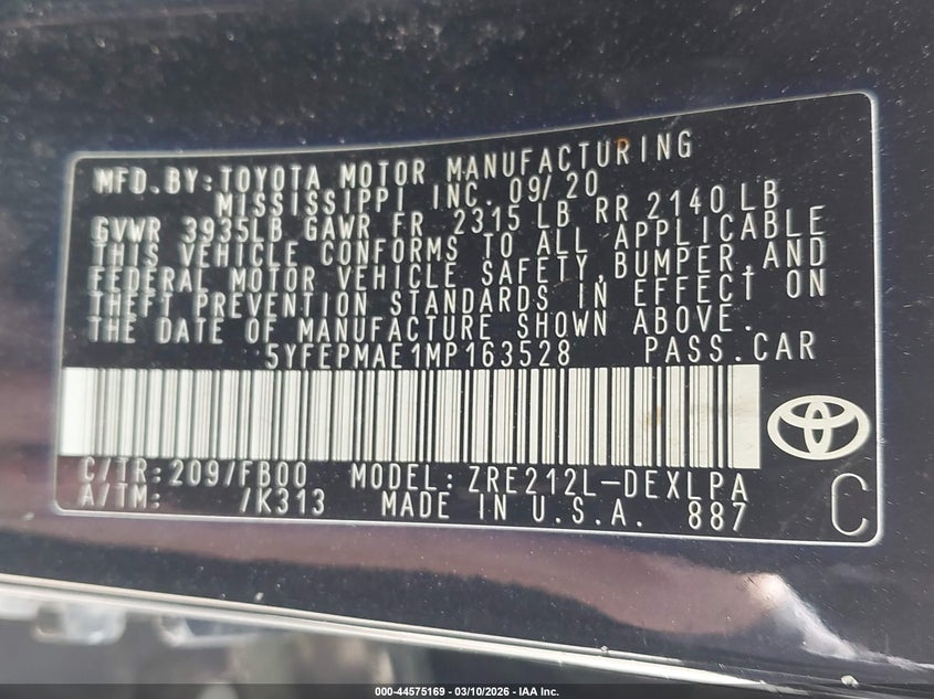 2021 Toyota Corolla VIN 5YFEPMAE1MP163528 IAAI salvage auction — REAR END, Salvage Title, sold $3,300 on 2026-07-15 (photo 9)