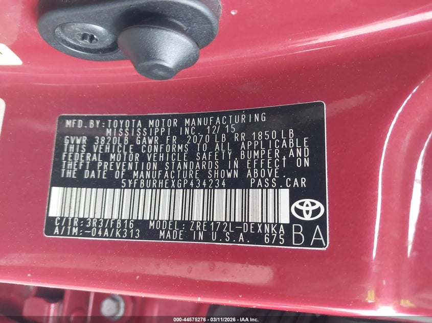 2016 Toyota Corolla VIN 5YFBURHEXGP434234 IAAI salvage auction — ENGINE BURN, Clear (Indiana), sold $25 on 2026-07-21 (photo 9)