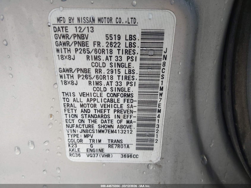 2014 Infiniti Qx70 VIN JN8CS1MW7EM413212 IAAI salvage auction — UNKNOWN, Salvage (California), sold $350 on 2026-07-09 (photo 9)