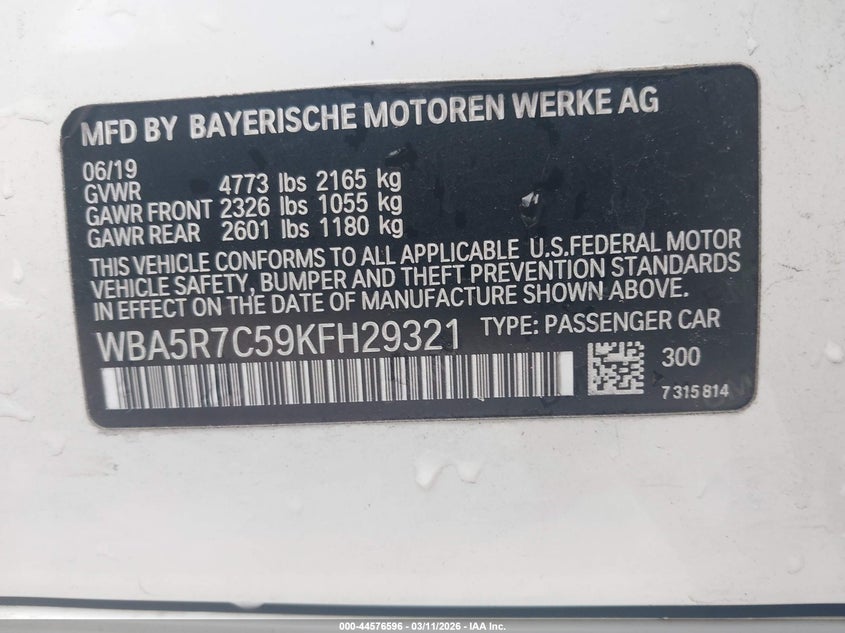 2019 BMW 3er VIN WBA5R7C59KFH29321 IAAI salvage auction — FRONT END, Salvage Title, sold $4,800 on 2026-07-19 (photo 9)