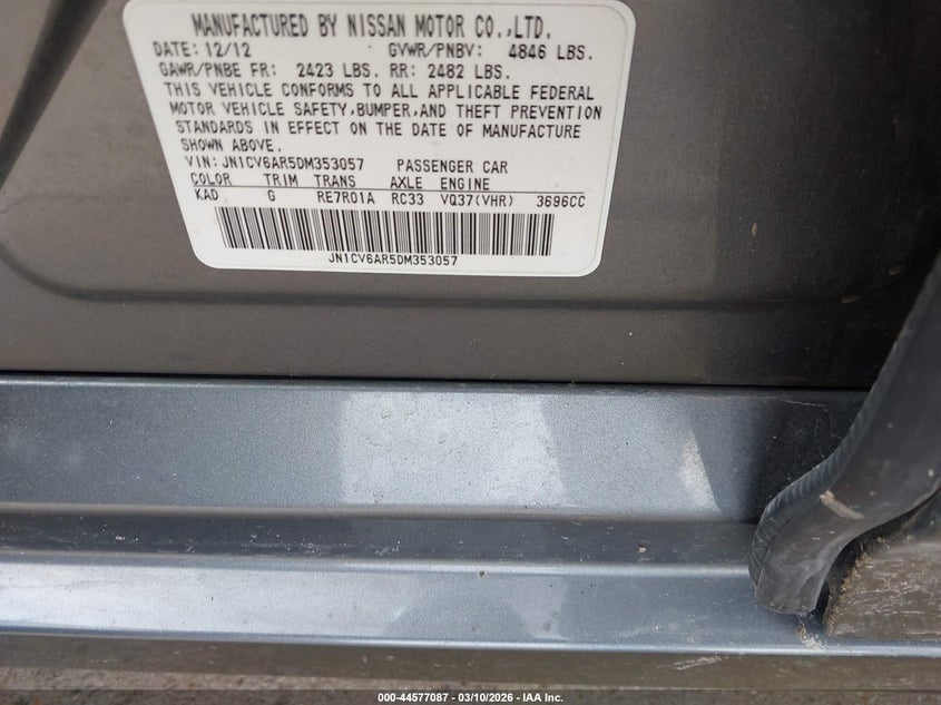 2013 Infiniti VIN JN1CV6AR5DM353057 IAAI salvage auction — ALL OVER, Clear (Indiana), sold $550 on 2026-07-17 (photo 9)