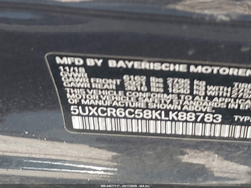 2019 BMW X5 VIN 5UXCR6C58KLK88783 IAAI salvage auction — FRONT & REAR, Salvage (Idaho), sold $17,000 on 2026-07-28 (photo 9)