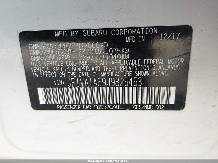2018 Subaru Wrx VIN JF1VA1A69J9825453 IAAI salvage auction — FRONT END, Salvage (New Mexico), sold $2,100 on 2026-07-13 (photo 9)