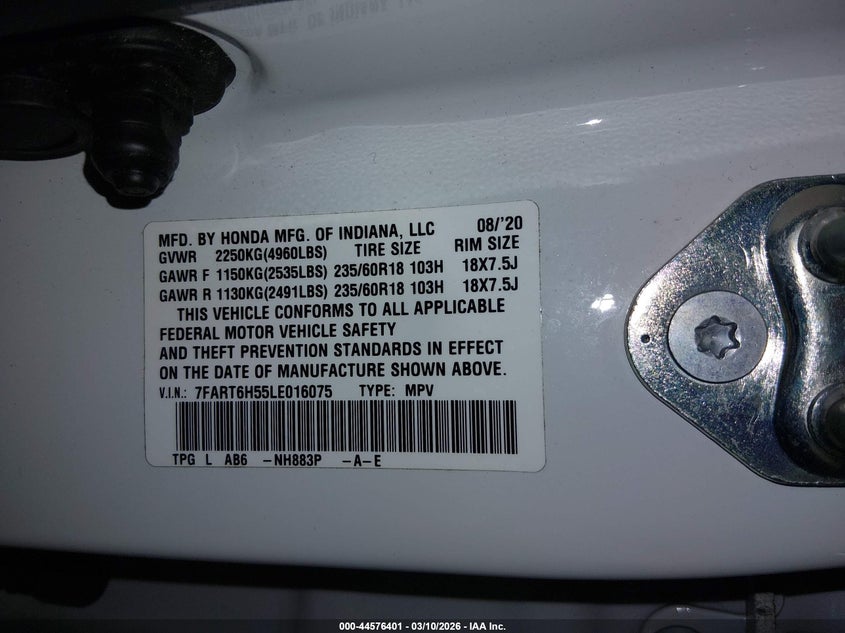 2020 Honda VIN 7FART6H55LE016075 IAAI salvage auction — REAR END, Salvage (Oregon), sold $9,100 on 2026-07-09 (photo 9)