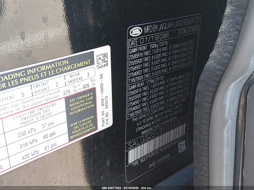 2019 Land rover RANGE ROVER VIN SALGS2SV3KA543913 IAAI salvage auction — Burn Engine, Salvage (Nevada), sold $2,000 on 2026-07-17 (photo 9)
